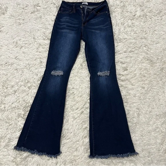 YMI Juniors High Rise Flare Distressed Cotton Blend Raw Hem Green Jeans-Size 7 - Picture 2 of 7